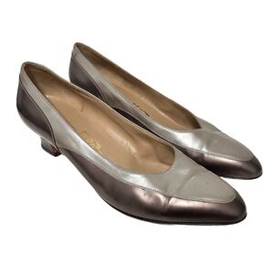 Salvatore Ferragamo Womens Pumps Size 9.5 B Silver Slip-on‎ 2" Italy Block Heels